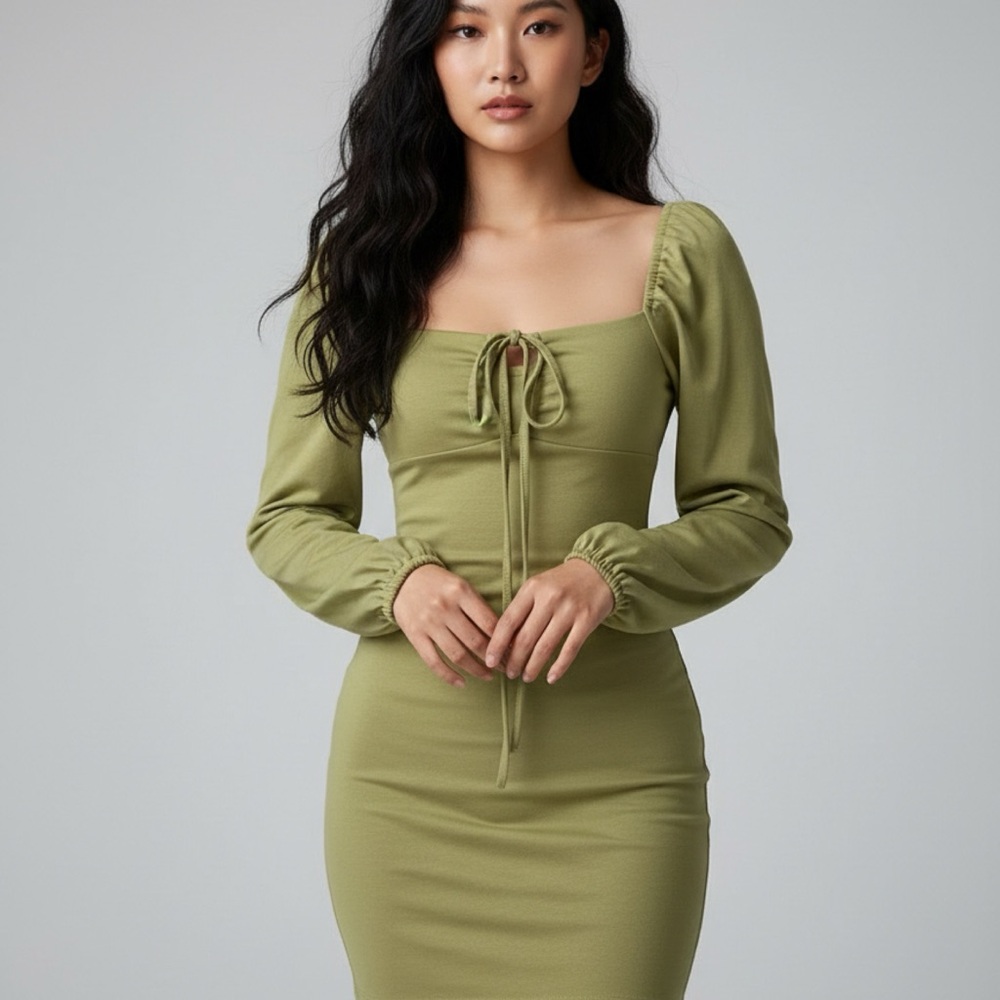 Elegant Long Sleeve Green Dress